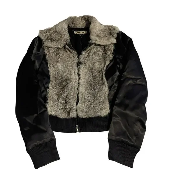 Bebe black and gray rabbit fur long sleeve zip up jacket size medium - Picture 8 of 8